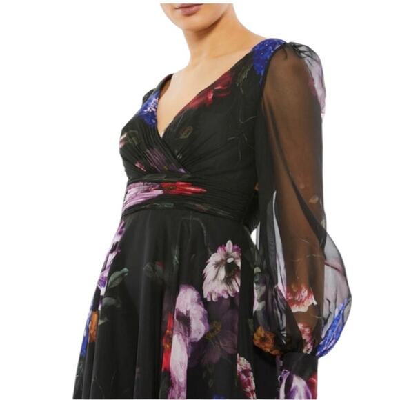 Mac Duggal NEW Sz 6 67872 Black Floral Chiffon Bishop Sleeve Floral Print Dress - Picture 2 of 9